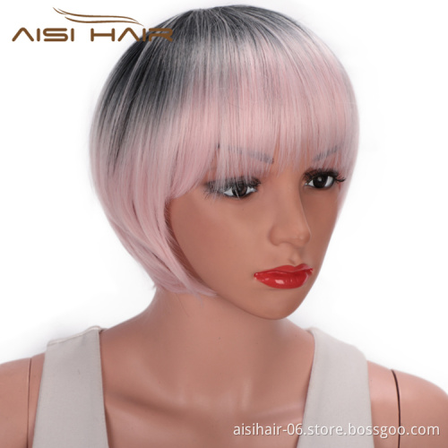 Aisi Hair High Temperature Fiber Straight Short Bob Wigs Ombre Pink Short Bob Wigs with Neat Bangs Cosplay Short Bob Wigs